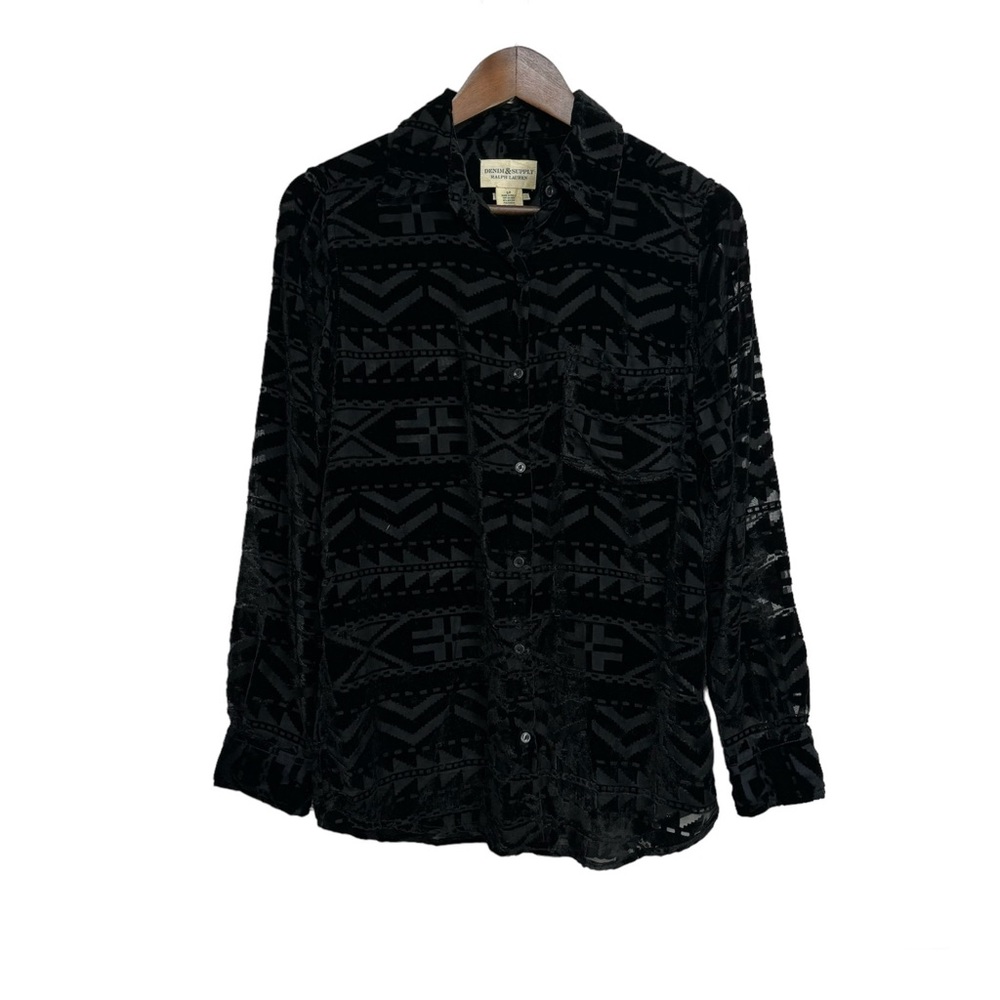 Denim & Supply Ralph Lauren Black Velour Leopard Aztec Print Button up